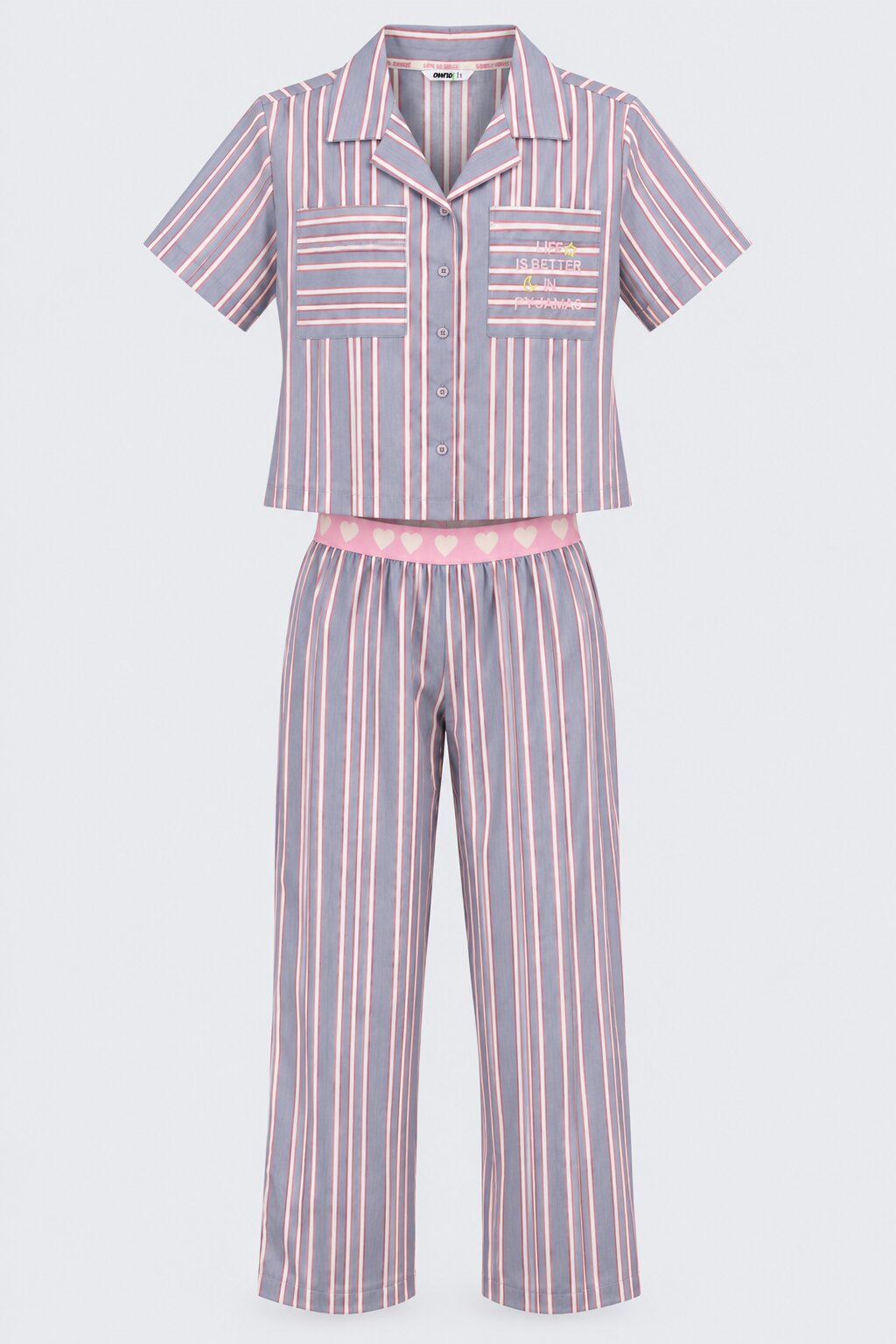 Womens Blue Striped Twill Braless Pyjama Set - Image 7