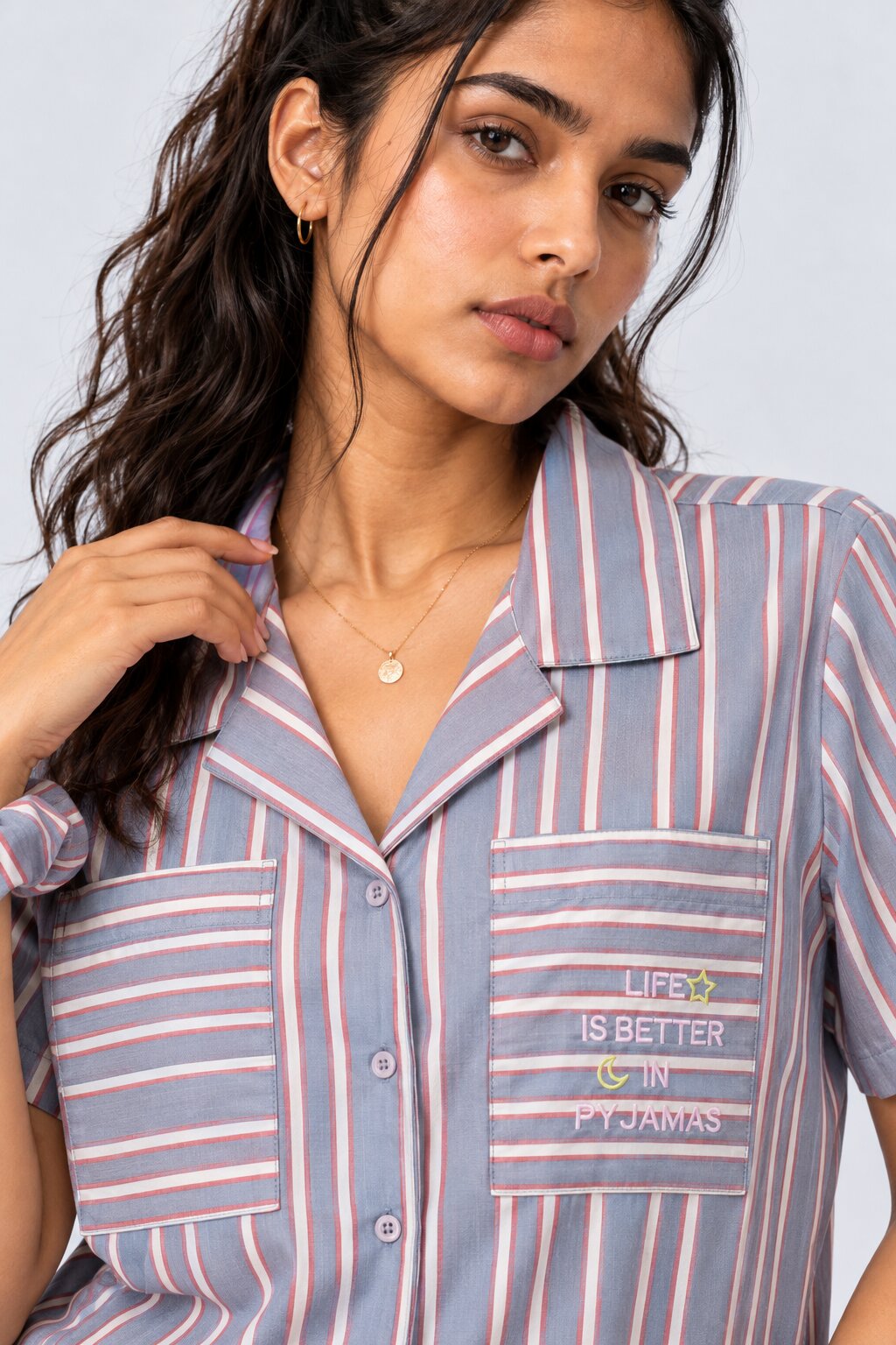 Womens Blue Striped Twill Braless Pyjama Set - Image 9