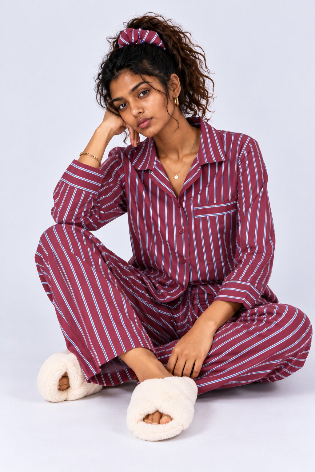 Womens Burgundy Stripe Print Pyjama Set - Image 1