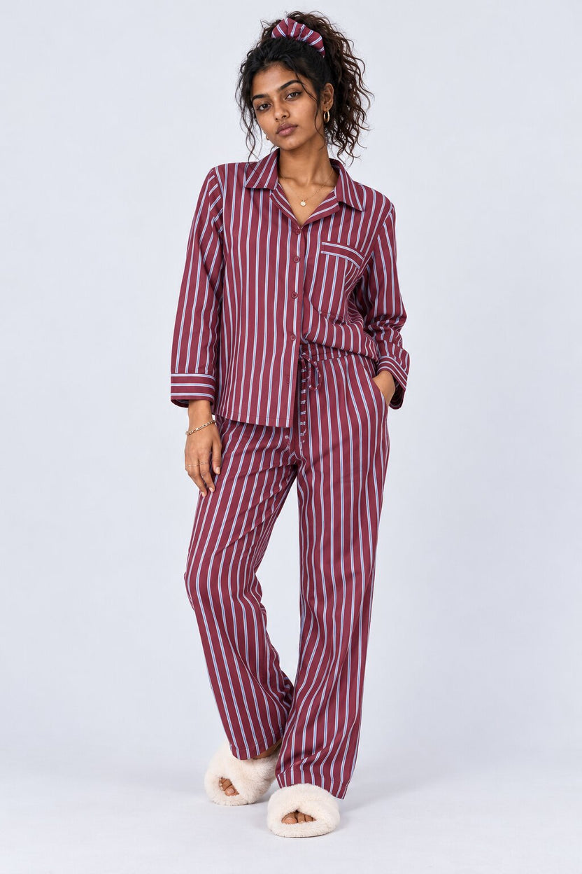 Womens Burgundy Stripe Print Pyjama Set - Image 2
