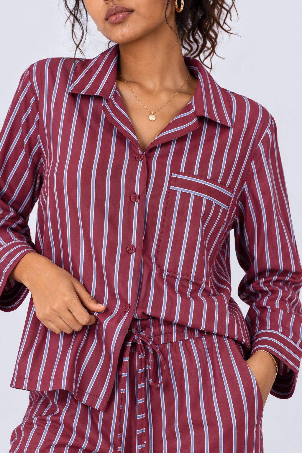 Womens Burgundy Stripe Print Pyjama Set - Image 3