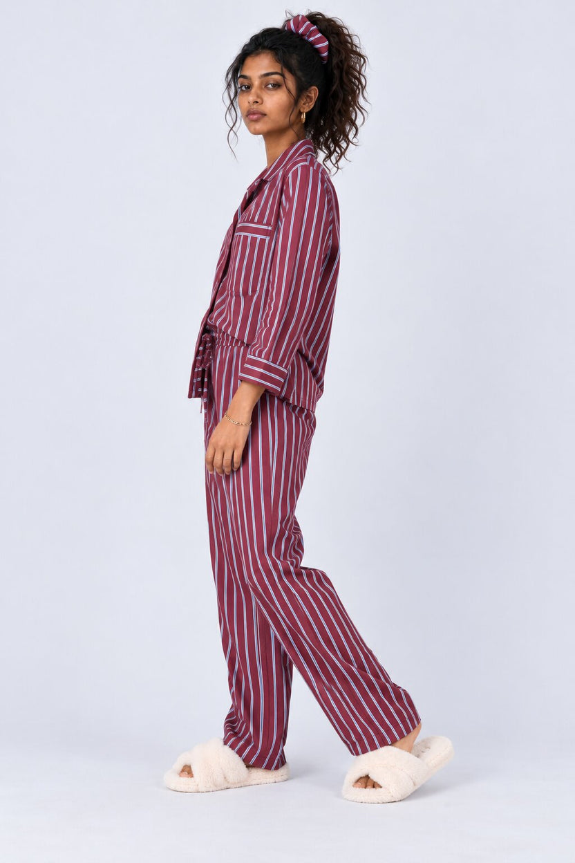 Womens Burgundy Stripe Print Pyjama Set - Image 4
