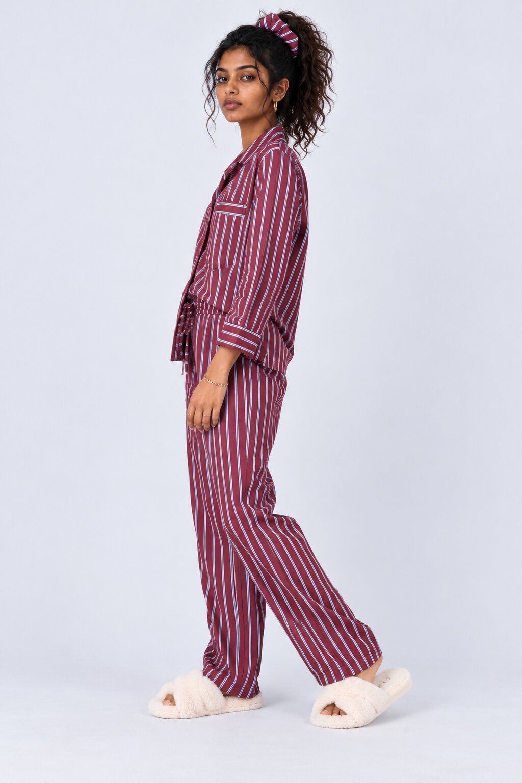 Womens Burgundy Stripe Print Pyjama Set - Image 4