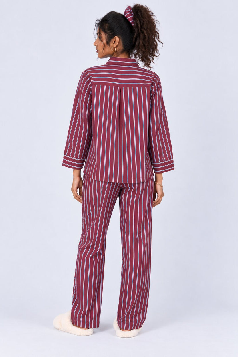 Womens Burgundy Stripe Print Pyjama Set - Image 5