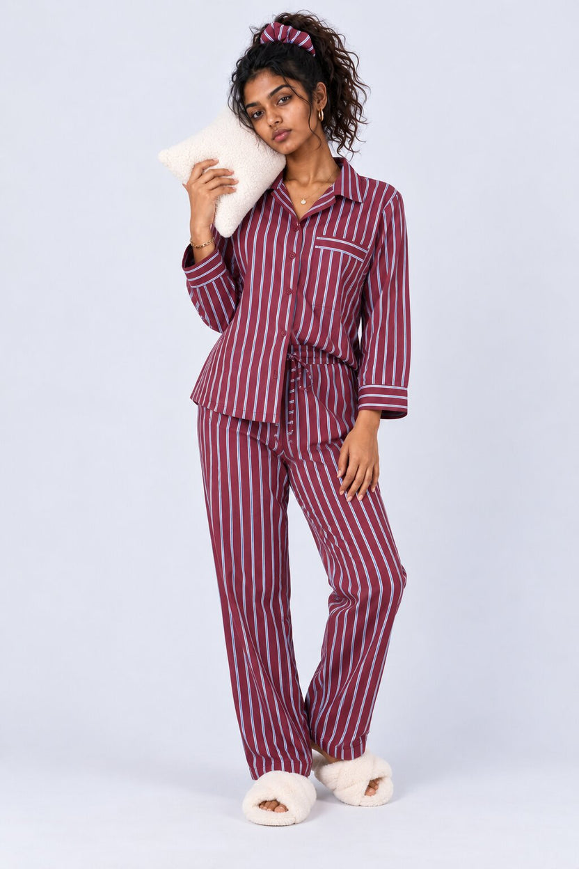 Womens Burgundy Stripe Print Pyjama Set - Image 6