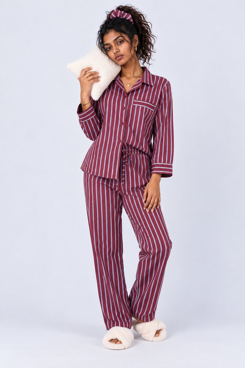 Womens Burgundy Stripe Print Pyjama Set - Image 6