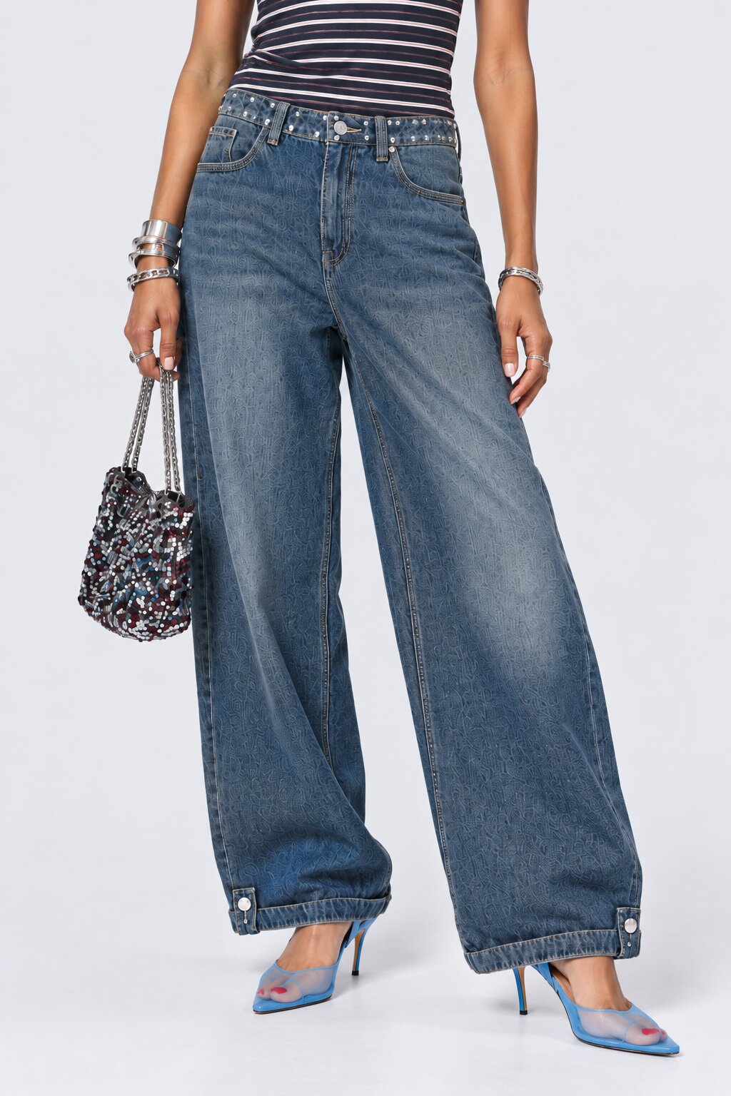 Womens Blue Solid Wide-Leg Denim Jeans - Image 1