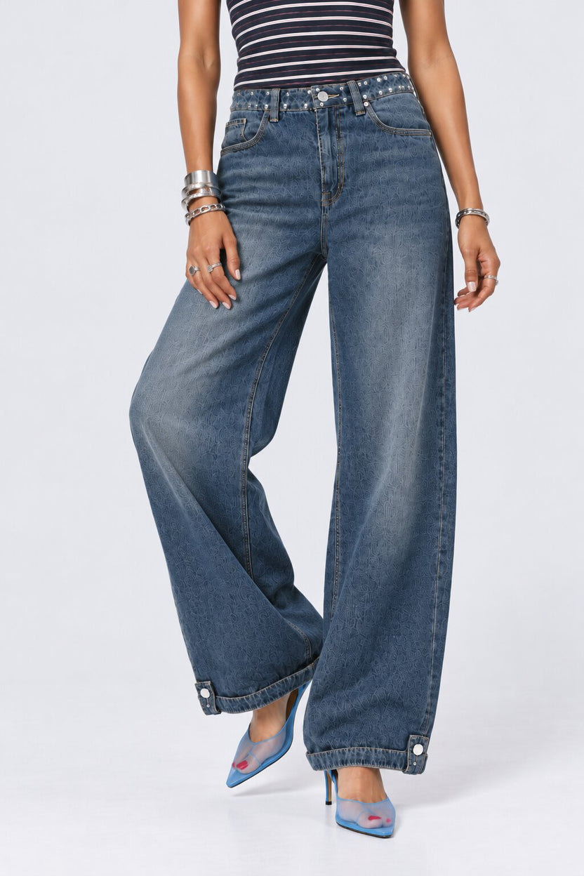 Womens Blue Solid Wide-Leg Denim Jeans - Image 2