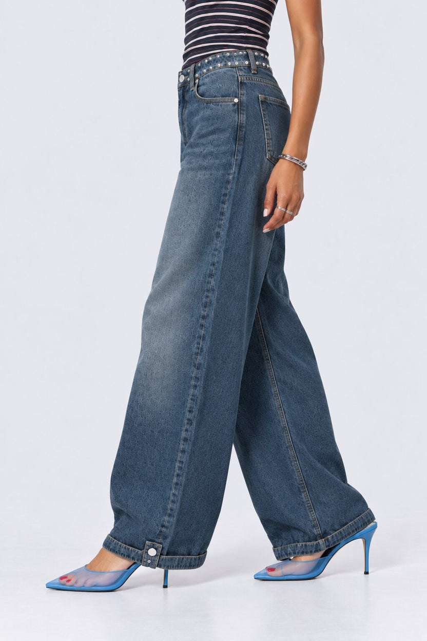Womens Blue Solid Wide-Leg Denim Jeans - Image 4