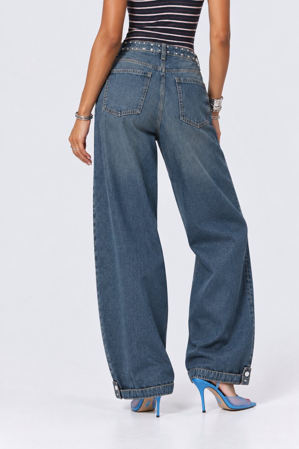 Womens Blue Solid Wide-Leg Denim Jeans - Image 5