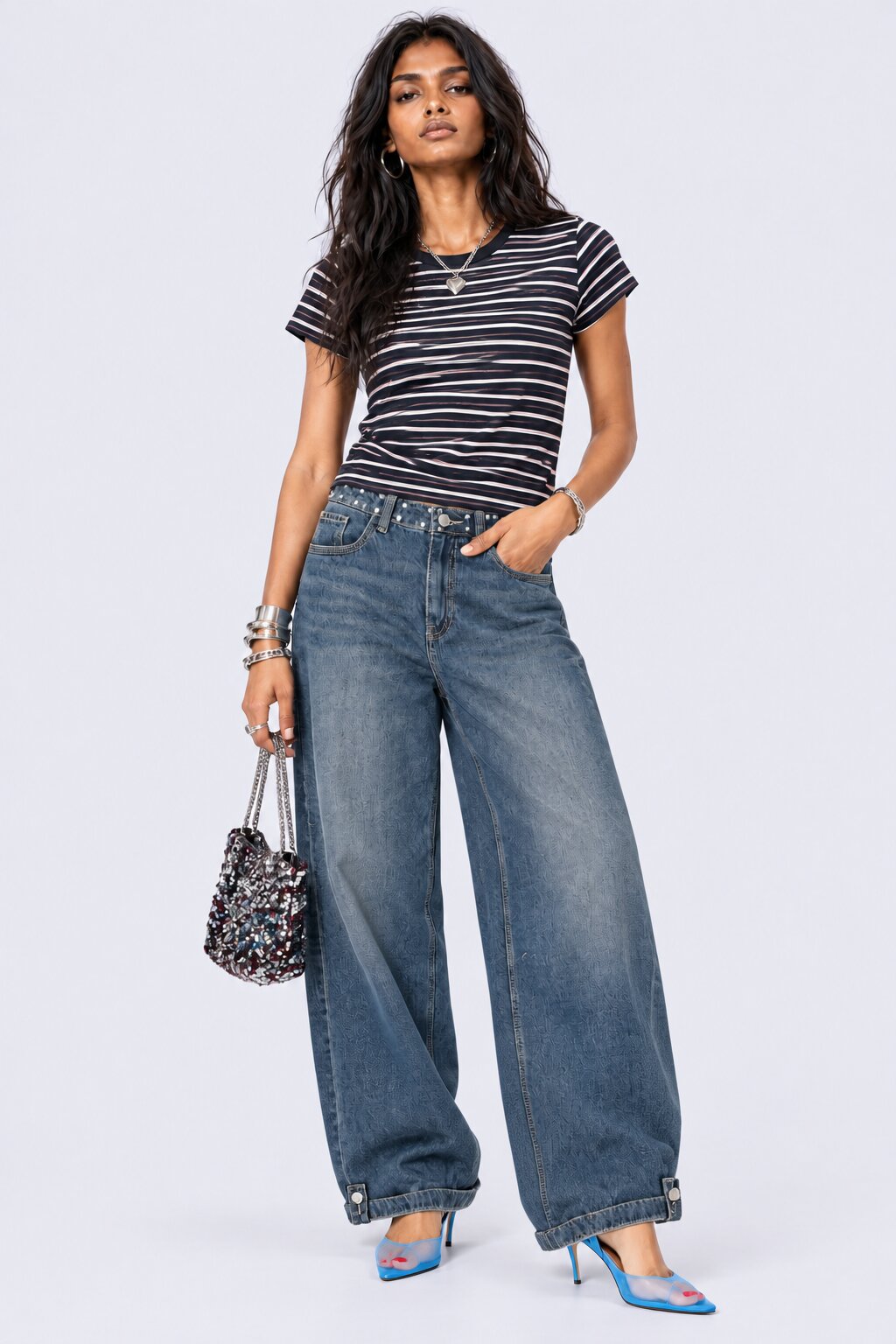 Womens Blue Solid Wide-Leg Denim Jeans - Image 6