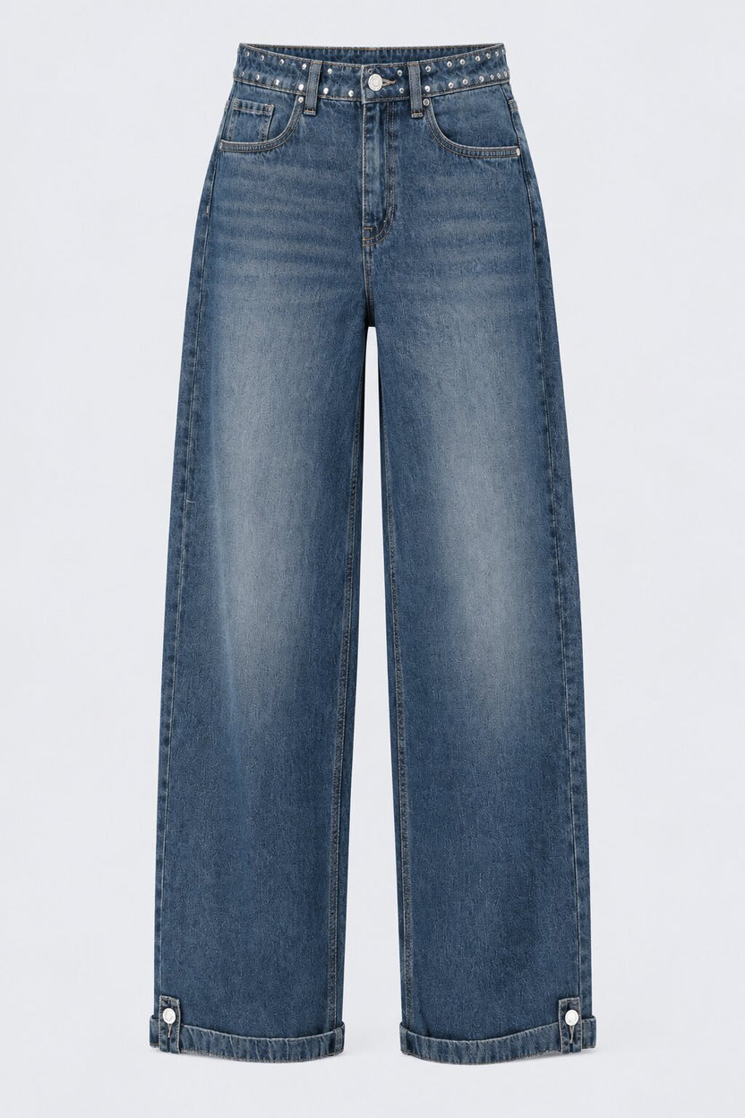 Womens Blue Solid Wide-Leg Denim Jeans - Image 7