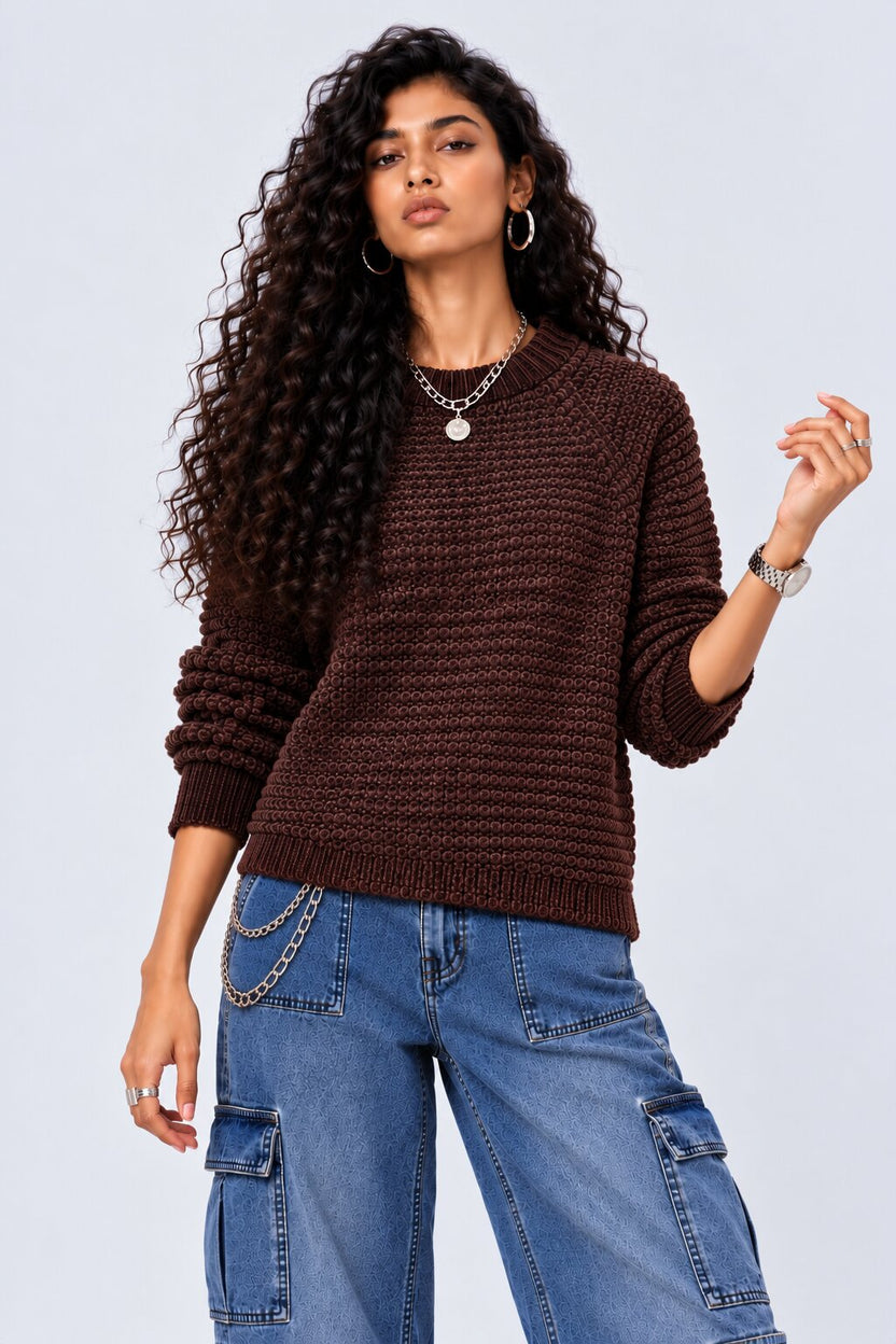 Womens Brown Textured Knit Crew Neck Sweater - Image 1