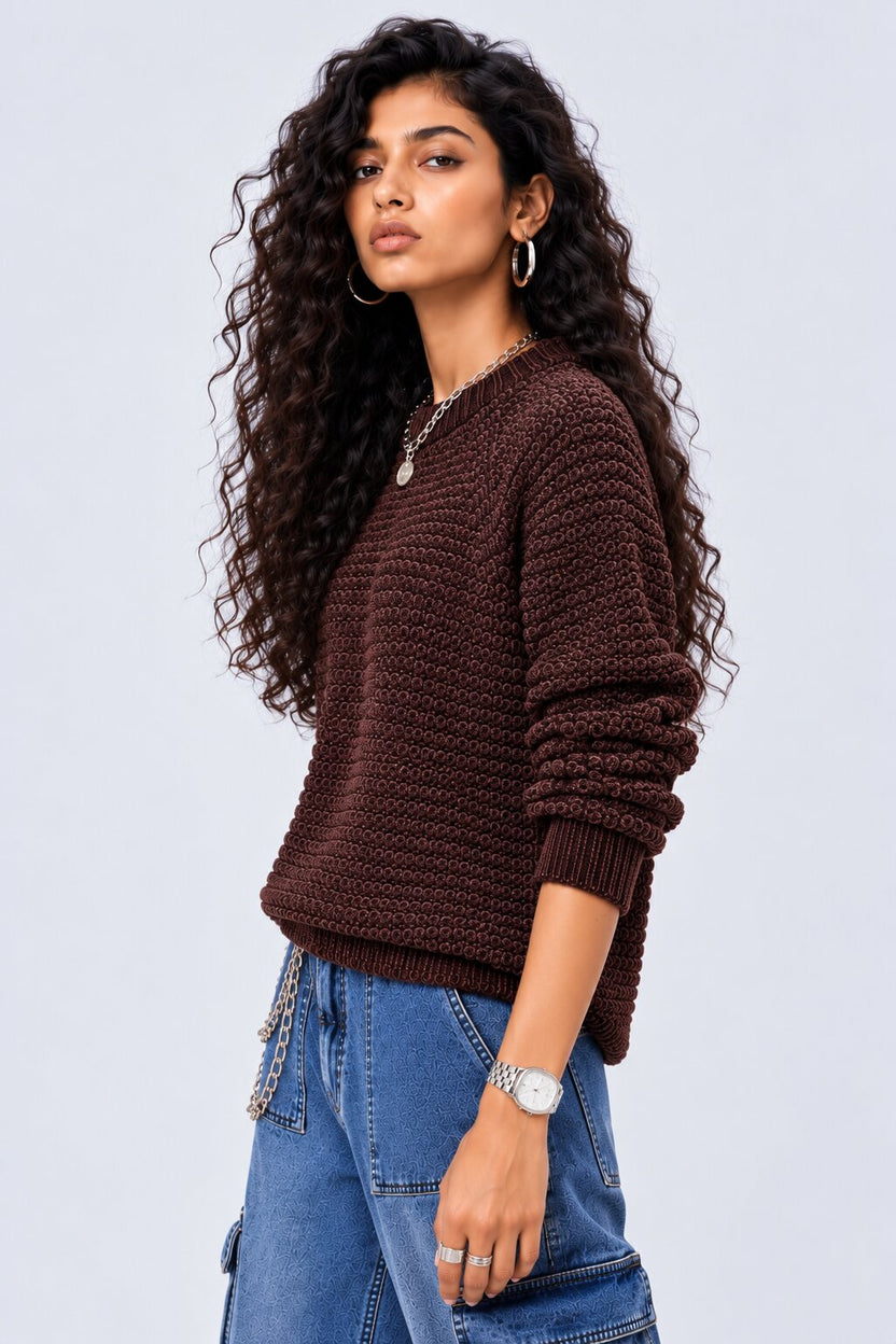 Womens Brown Textured Knit Crew Neck Sweater - Image 2
