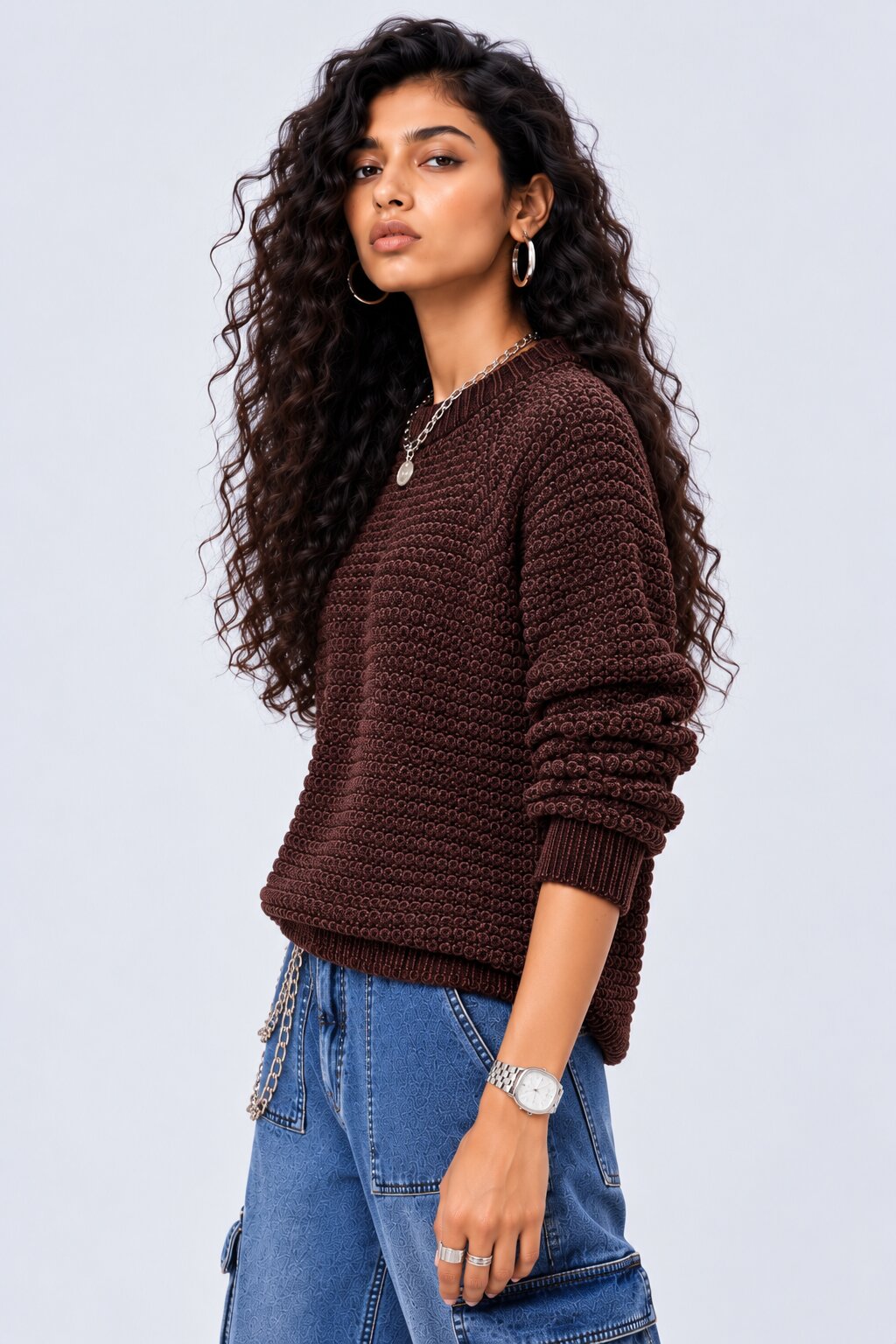 Womens Brown Textured Knit Crew Neck Sweater - Image 2
