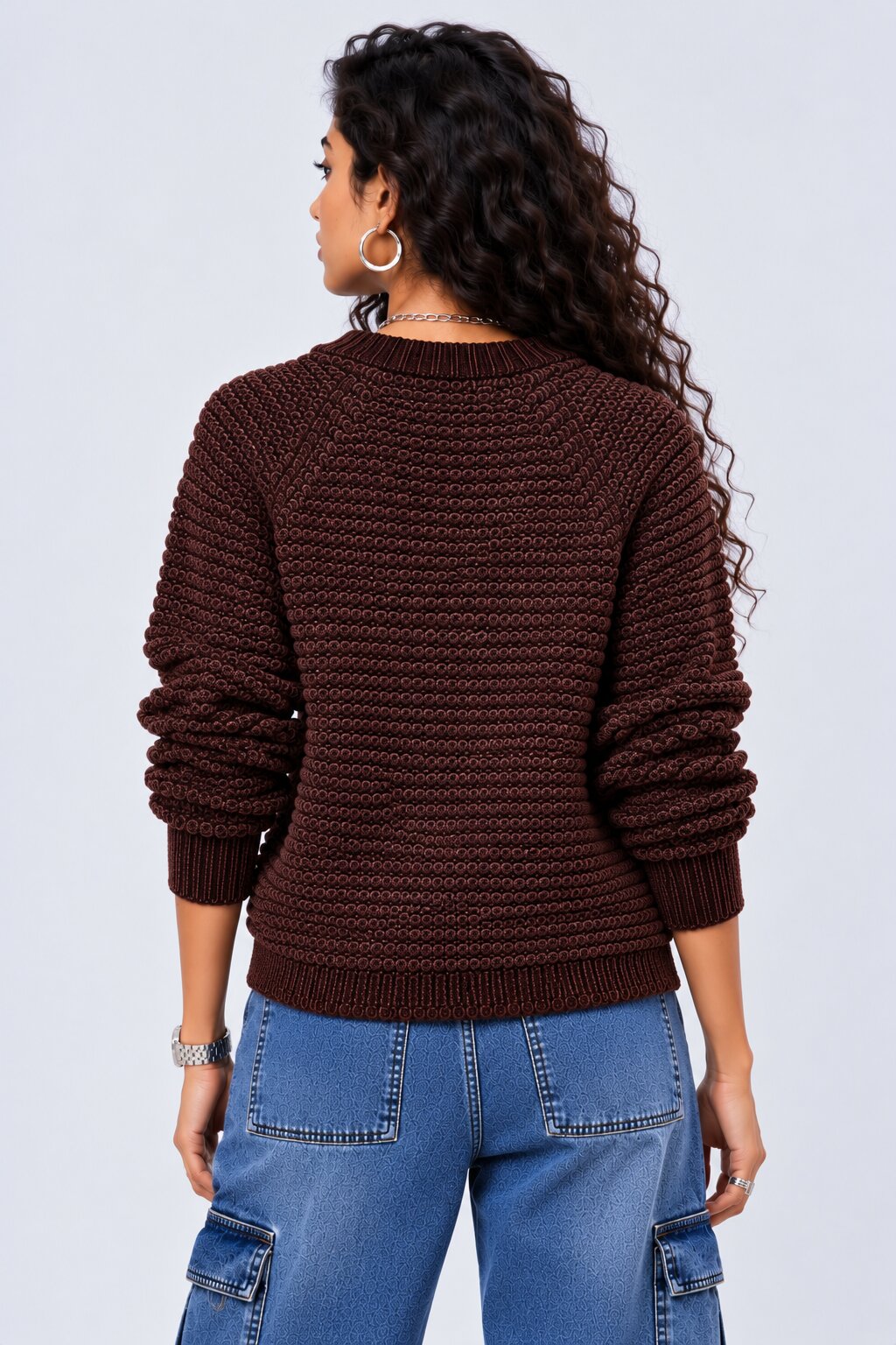 Womens Brown Textured Knit Crew Neck Sweater - Image 4