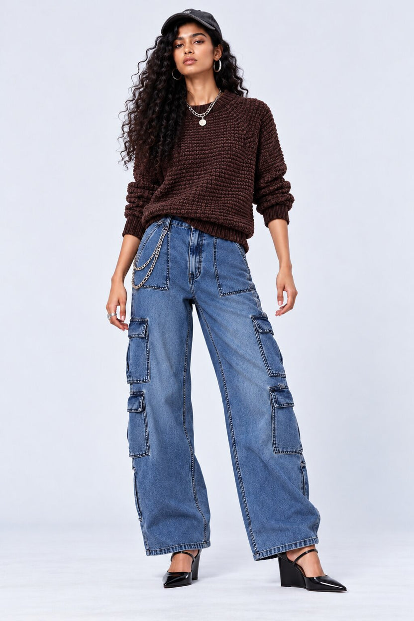 Womens Brown Textured Knit Crew Neck Sweater - Image 5