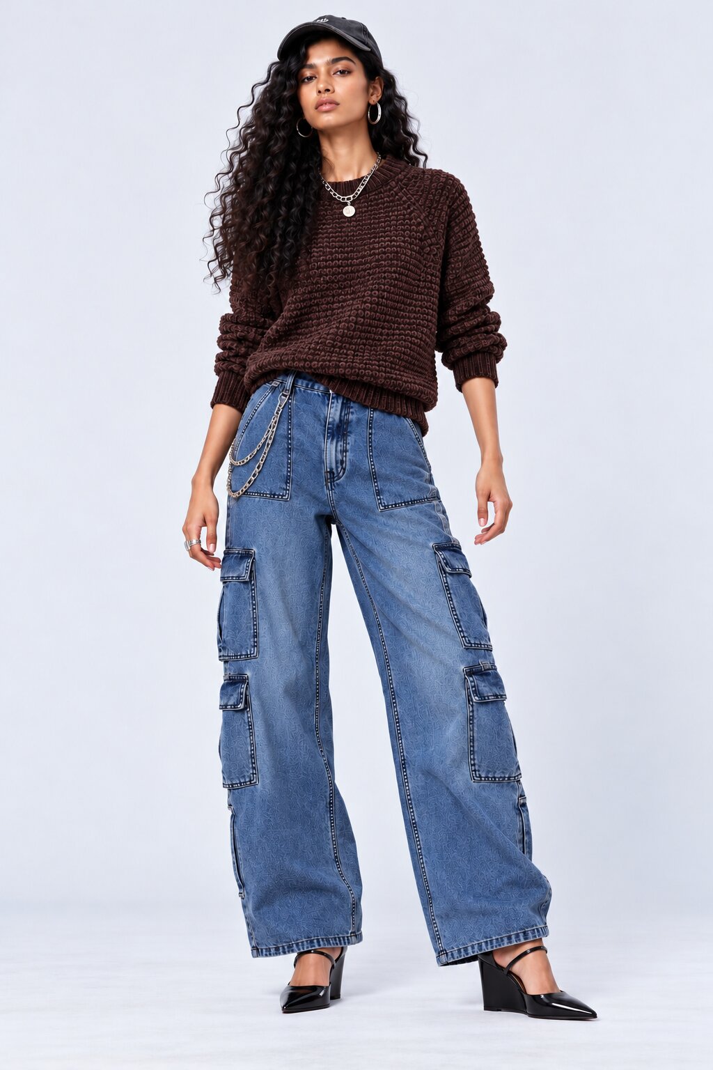 Womens Brown Textured Knit Crew Neck Sweater - Image 5