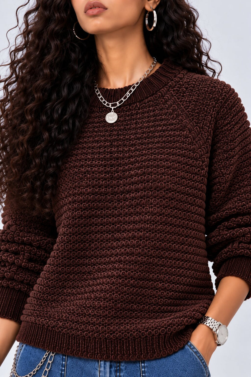 Womens Brown Textured Knit Crew Neck Sweater - Image 8