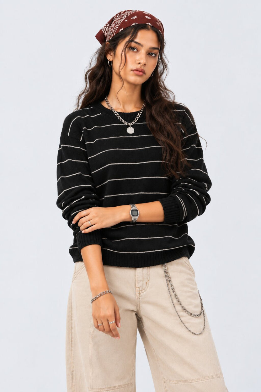 Womens Black Stripes Regular Fit Sweater - Image 1