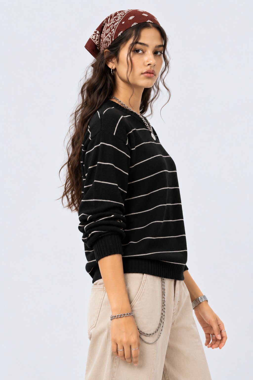 Womens Black Stripes Regular Fit Sweater - Image 2