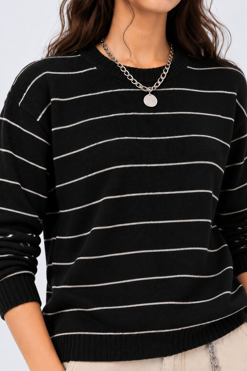 Womens Black Stripes Regular Fit Sweater - Image 8