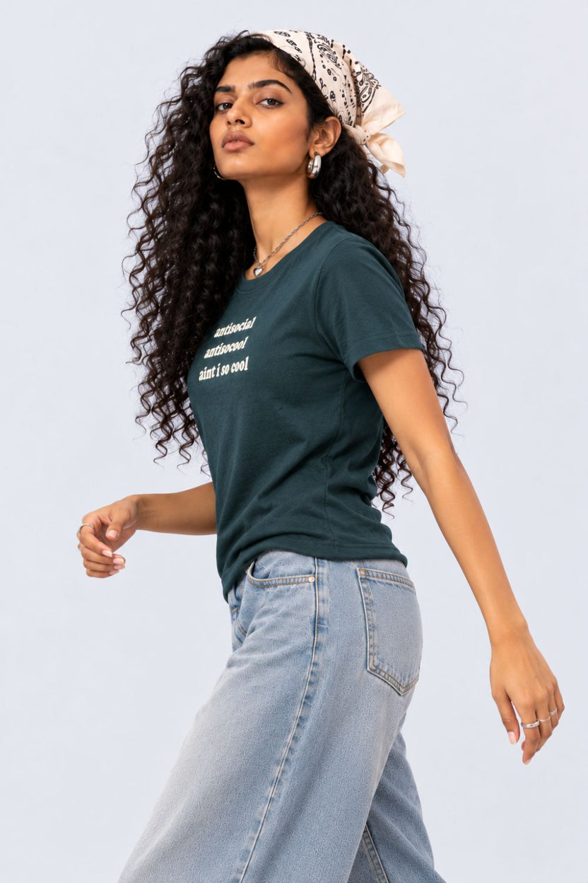 Womens Teal Slogan Print Crew Neck T-Shirt - Image 4