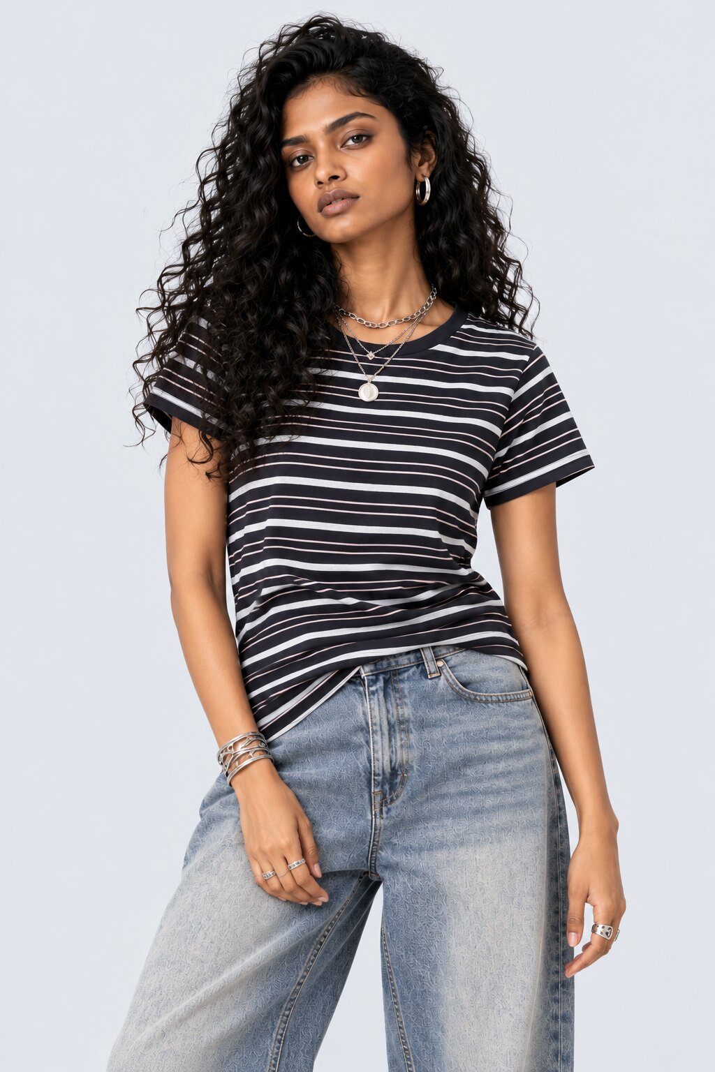 Womens Black Striped Regular Fit T-Shirt - Image 1