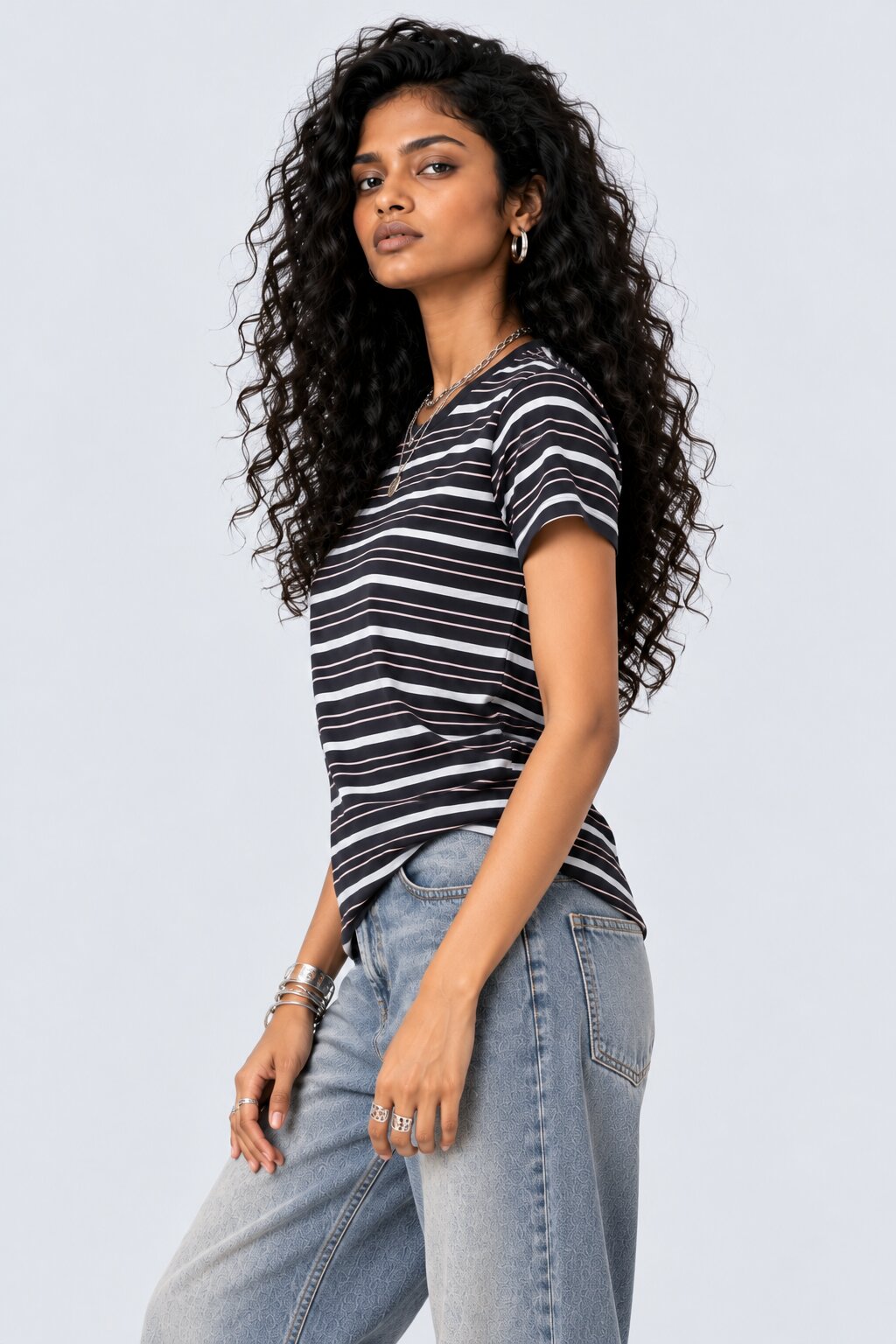 Womens Black Striped Regular Fit T-Shirt - Image 2