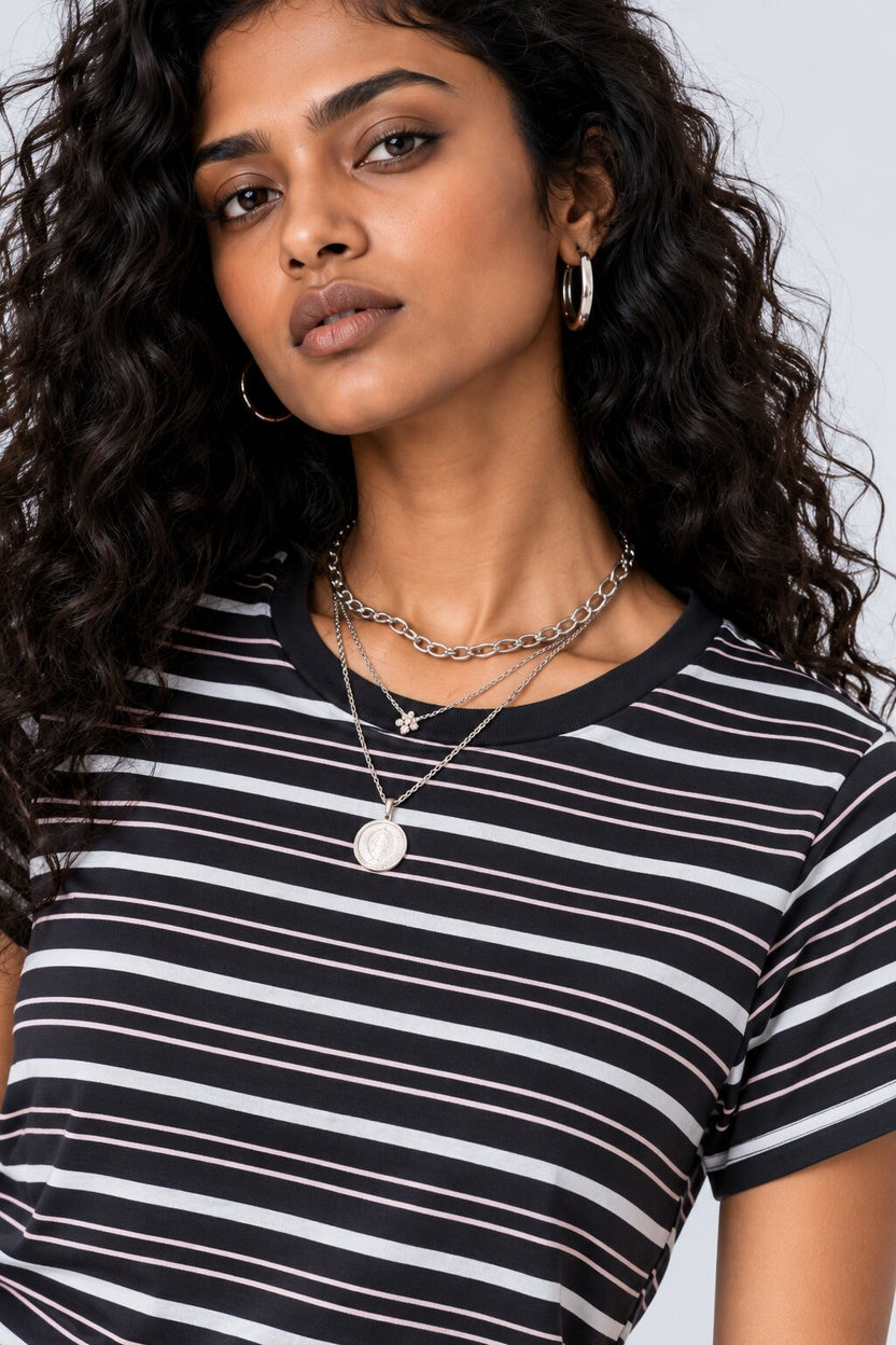 Womens Black Striped Regular Fit T-Shirt - Image 3