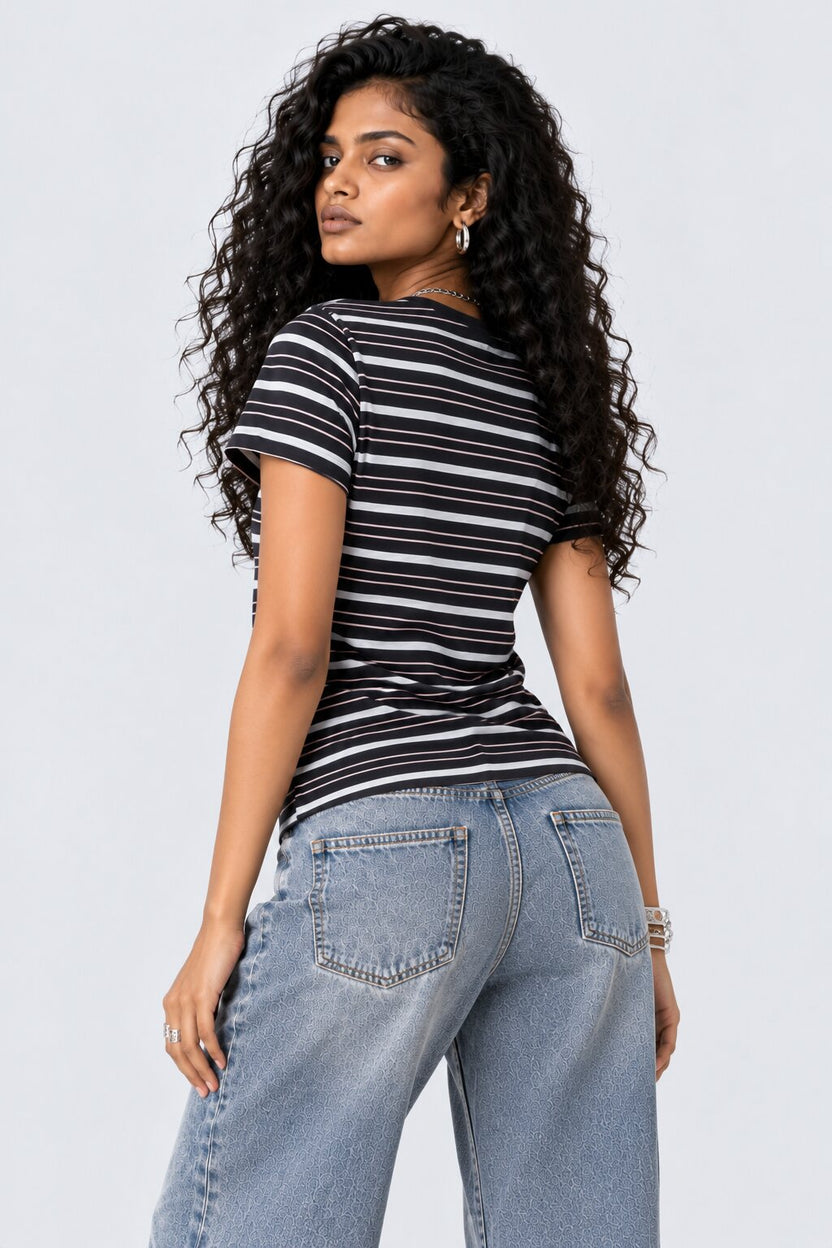 Womens Black Striped Regular Fit T-Shirt - Image 4