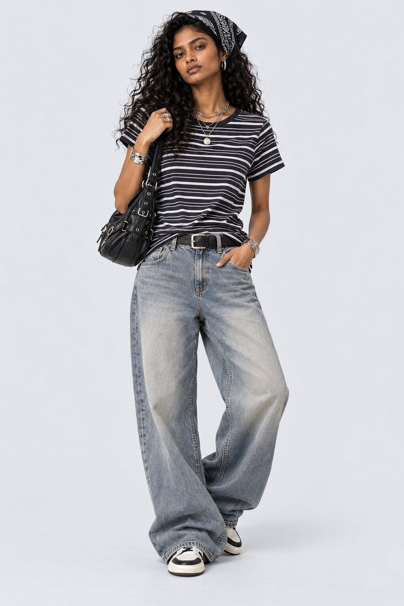 Womens Black Striped Regular Fit T-Shirt - Image 5