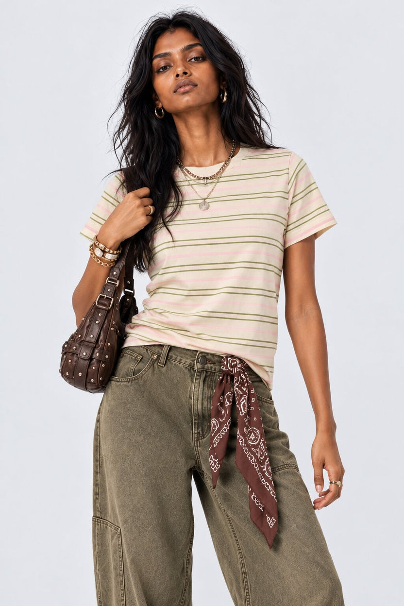 Womens Cream Striped Regular Fit T-Shirt - Image 1