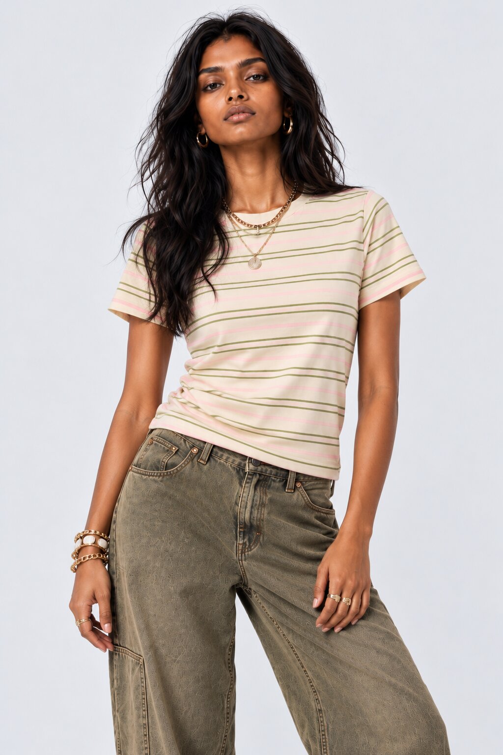 Womens Cream Striped Regular Fit T-Shirt - Image 2