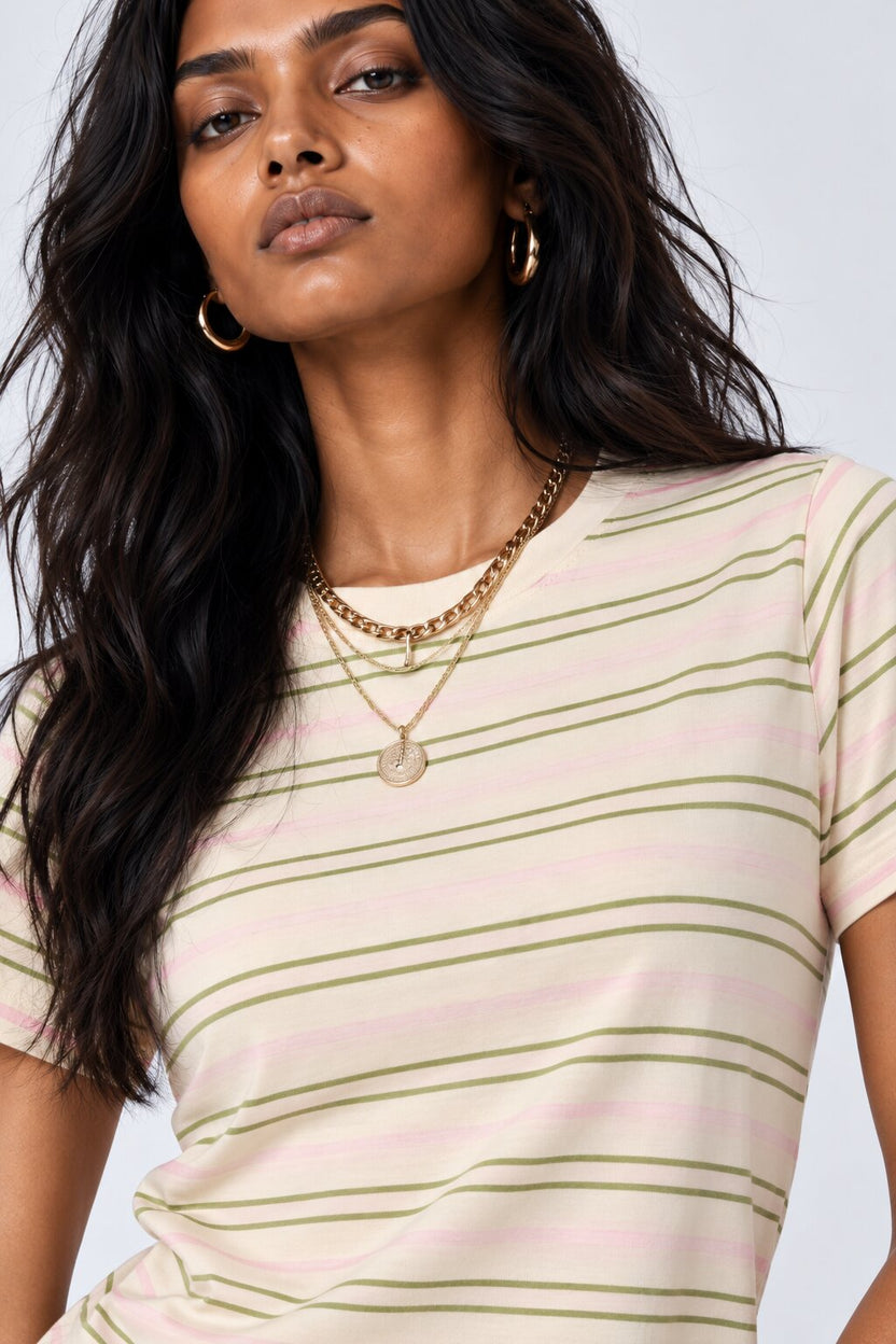 Womens Cream Striped Regular Fit T-Shirt - Image 3