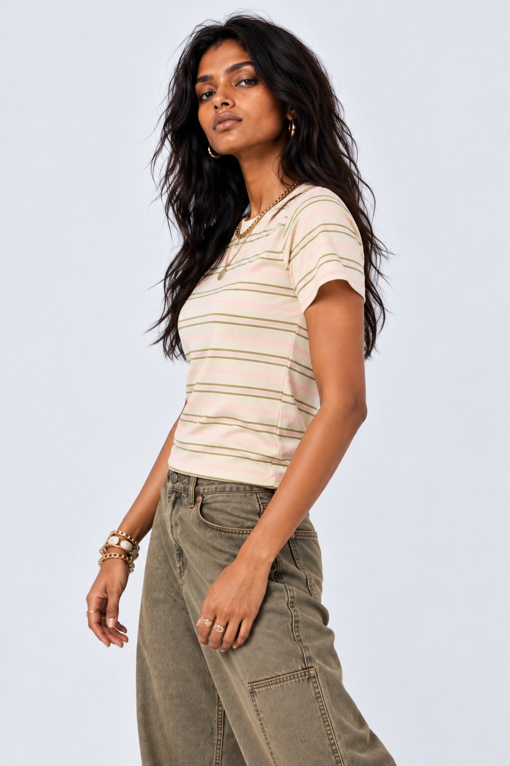 Womens Cream Striped Regular Fit T-Shirt - Image 4