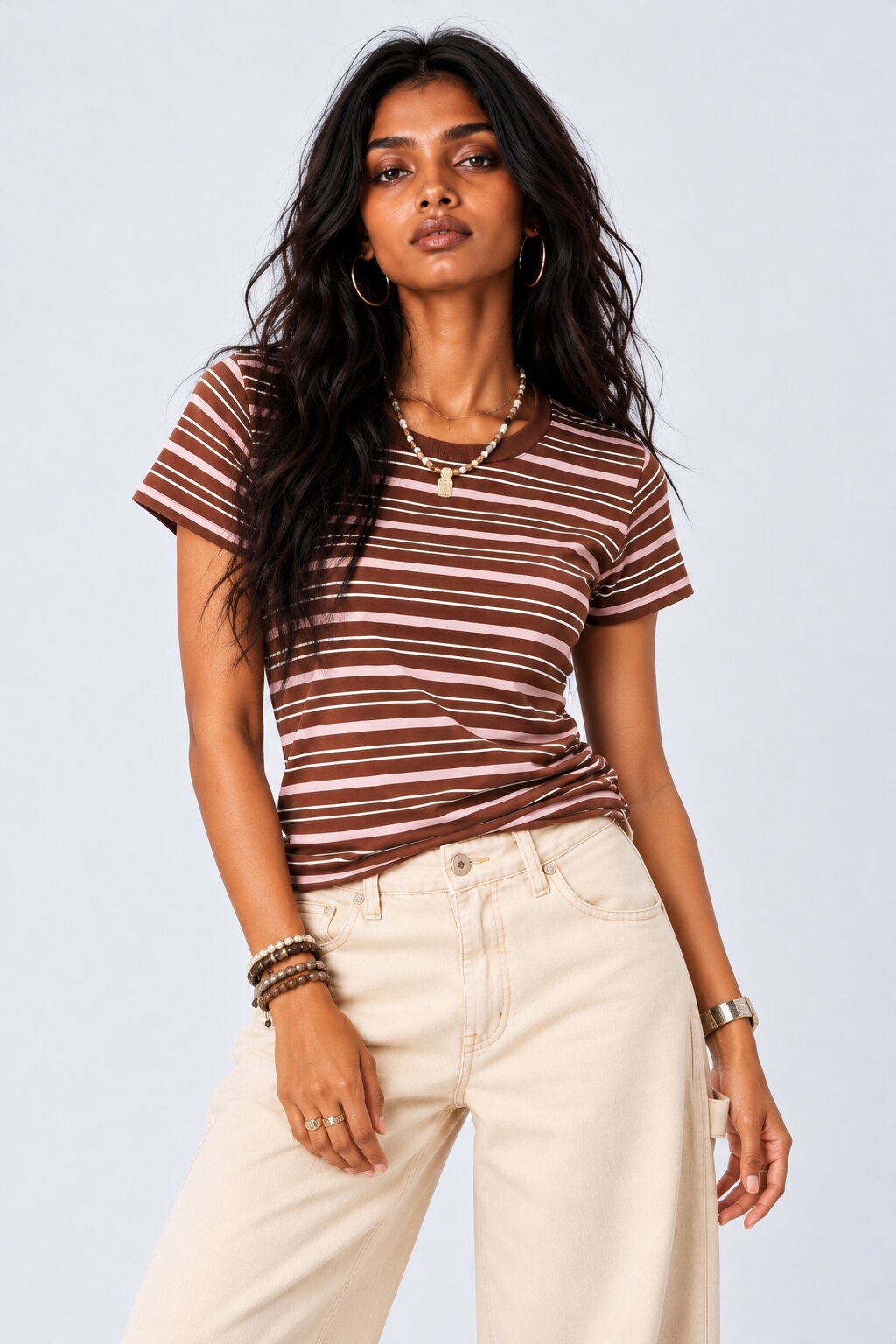Womens Brown Striped Regular Fit T-Shirt - Image 2
