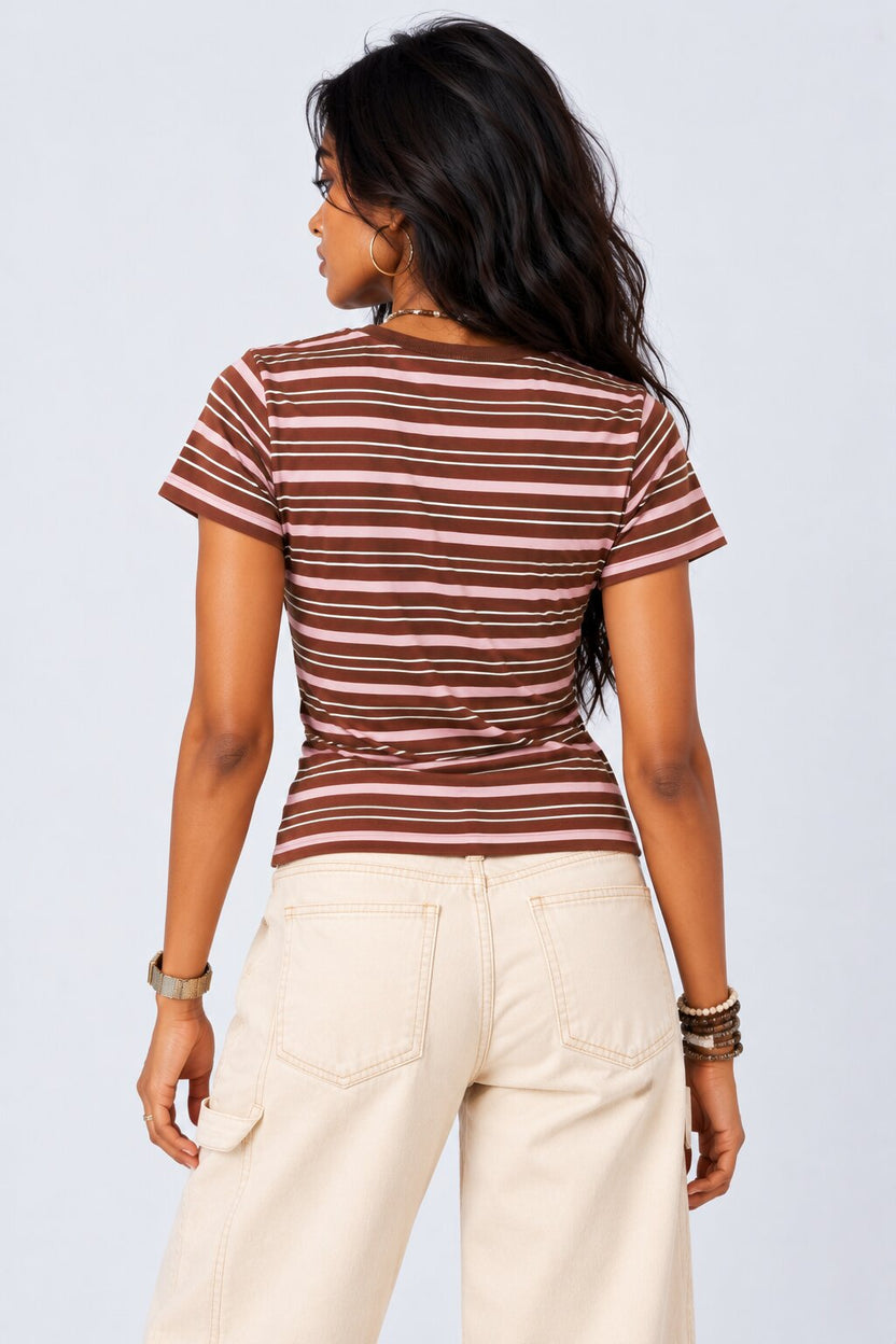 Womens Brown Striped Regular Fit T-Shirt - Image 5