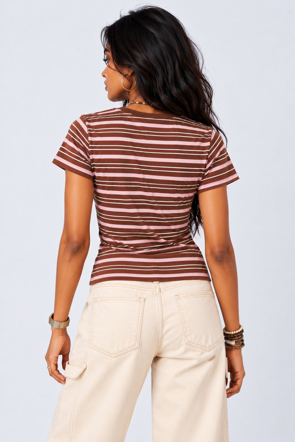 Womens Brown Striped Regular Fit T-Shirt - Image 5