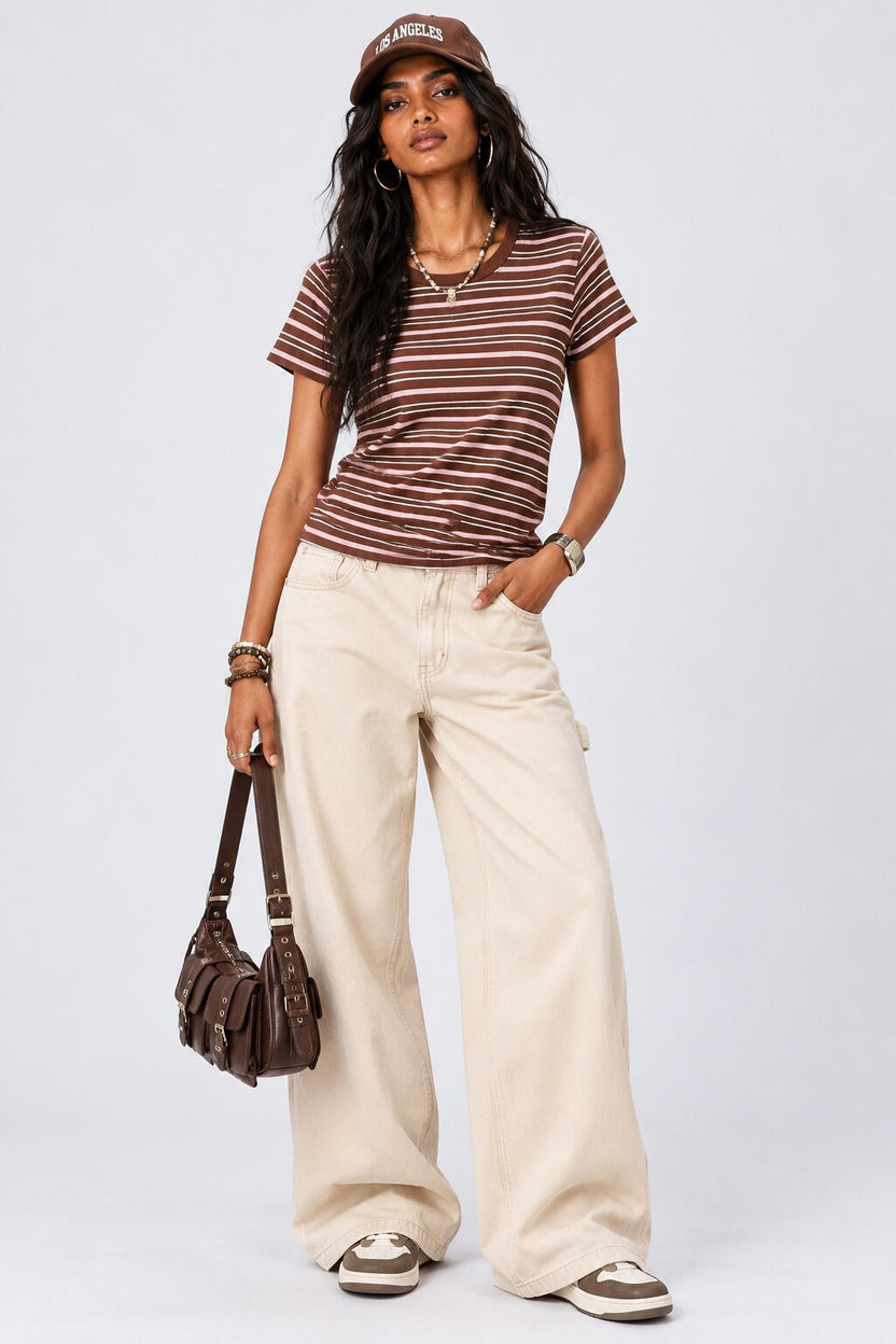 Womens Brown Striped Regular Fit T-Shirt - Image 6