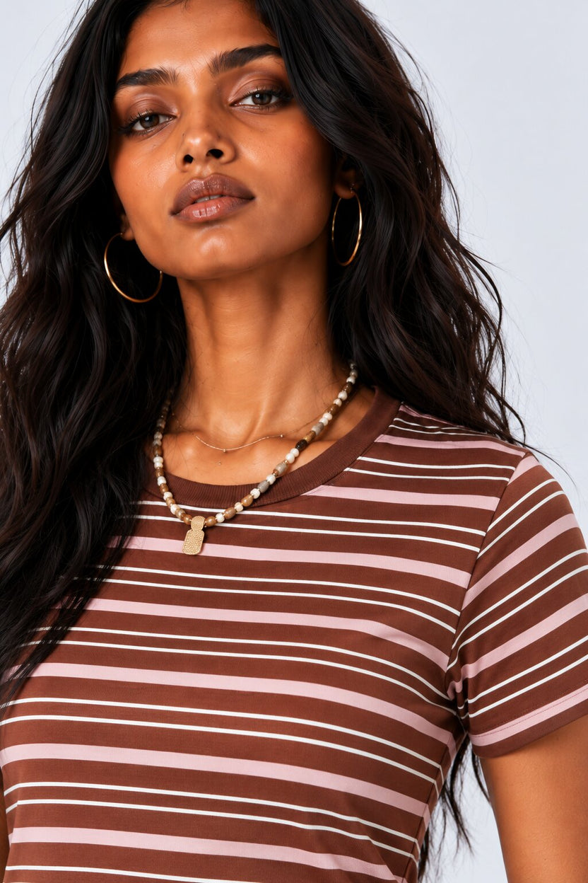 Womens Brown Striped Regular Fit T-Shirt - Image 9