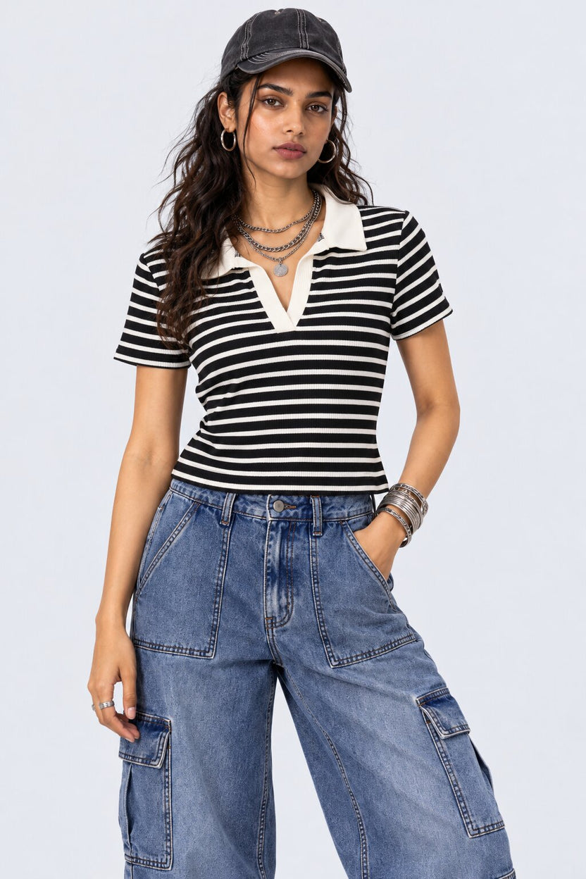 Womens Brown Striped Collared Ribbed Knit Top - Image 1