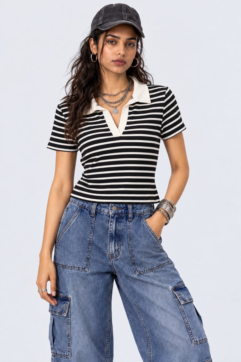 Womens Brown Striped Collared Ribbed Knit Top - Image 1
