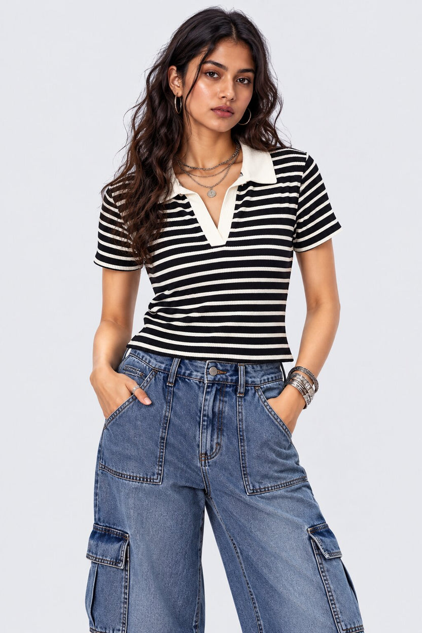 Womens Brown Striped Collared Ribbed Knit Top - Image 2