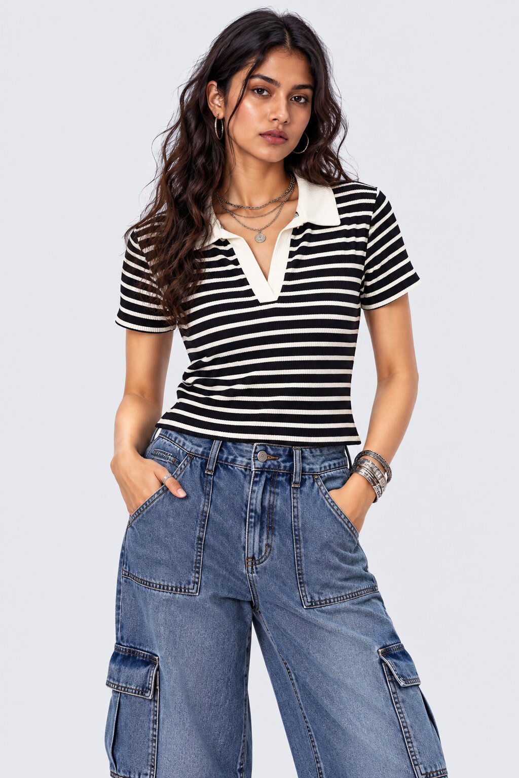 Womens Brown Striped Collared Ribbed Knit Top - Image 2