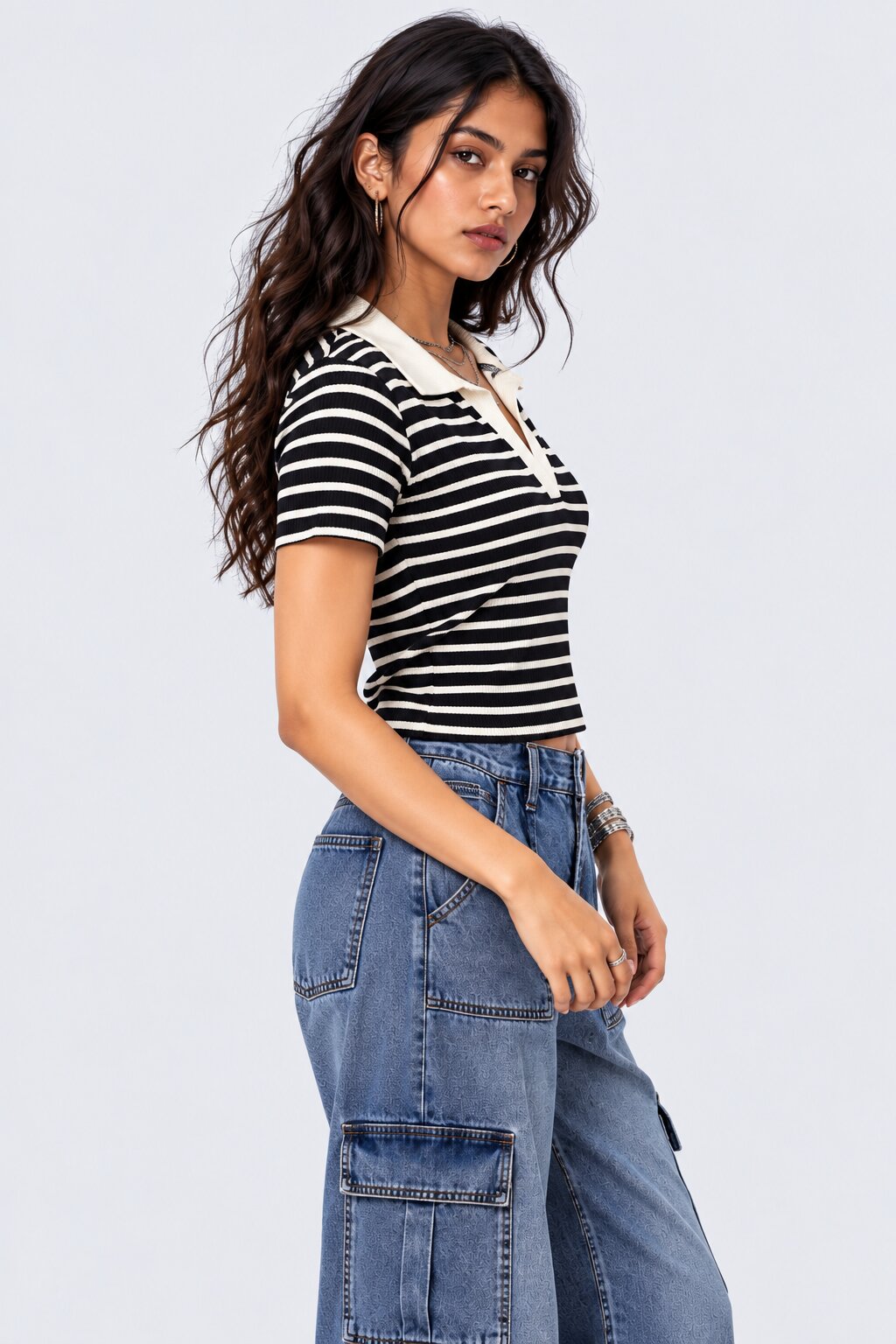 Womens Brown Striped Collared Ribbed Knit Top - Image 4