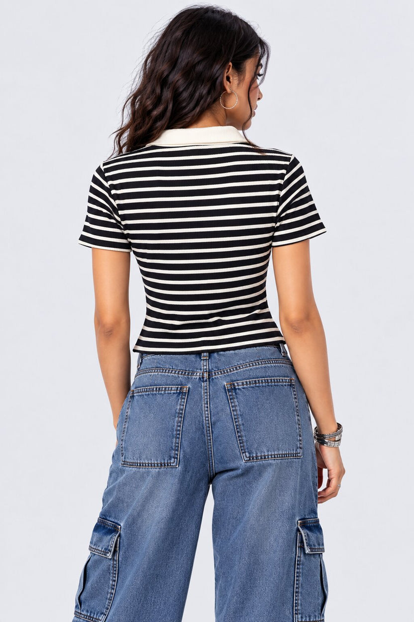 Womens Brown Striped Collared Ribbed Knit Top - Image 5