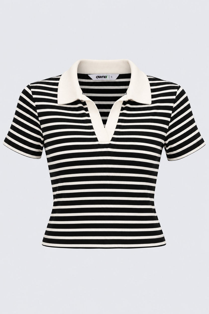 Womens Brown Striped Collared Ribbed Knit Top - Image 7