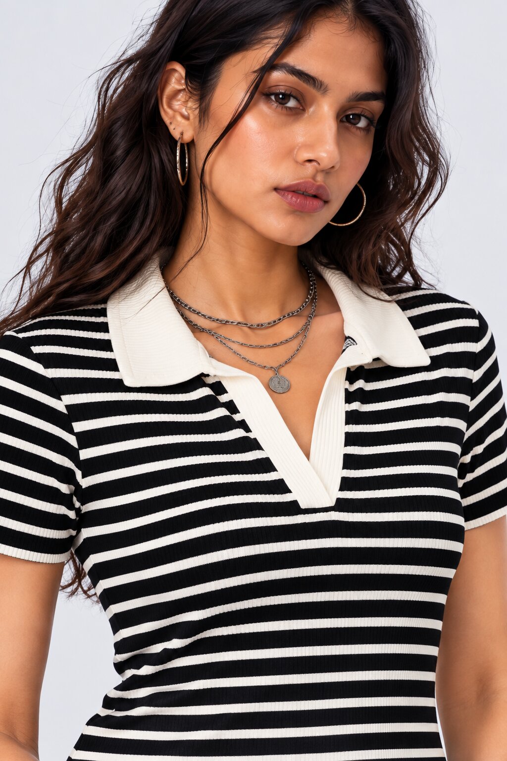 Womens Brown Striped Collared Ribbed Knit Top - Image 9