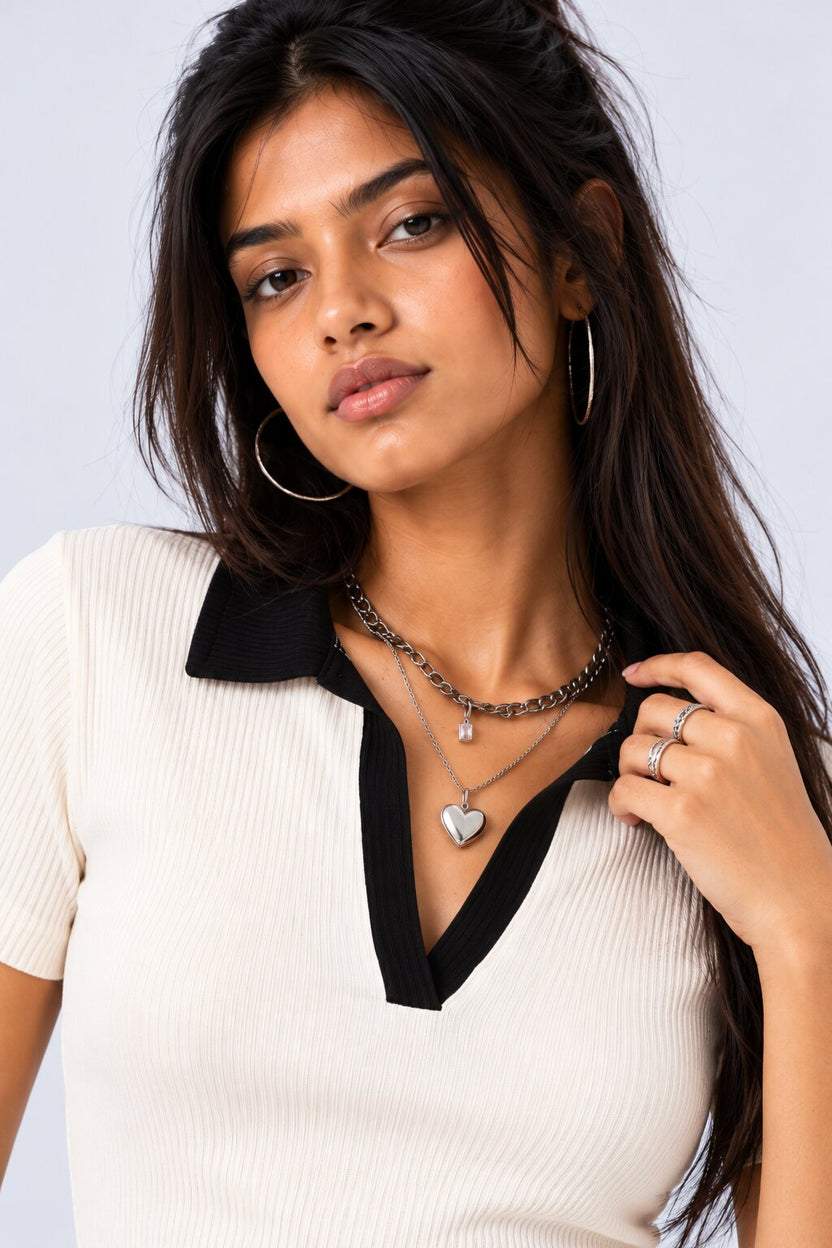 Womens White Contrast Collar Ribbed Crop Top - Image 3